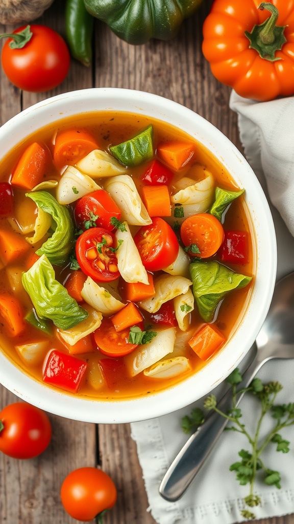 Healthy 7-Day Cabbage Soup Diet Recipe A hearty bowl of cabbage soup with vegetables like tomatoes and carrots, garnished with herbs, on a rustic wooden table.